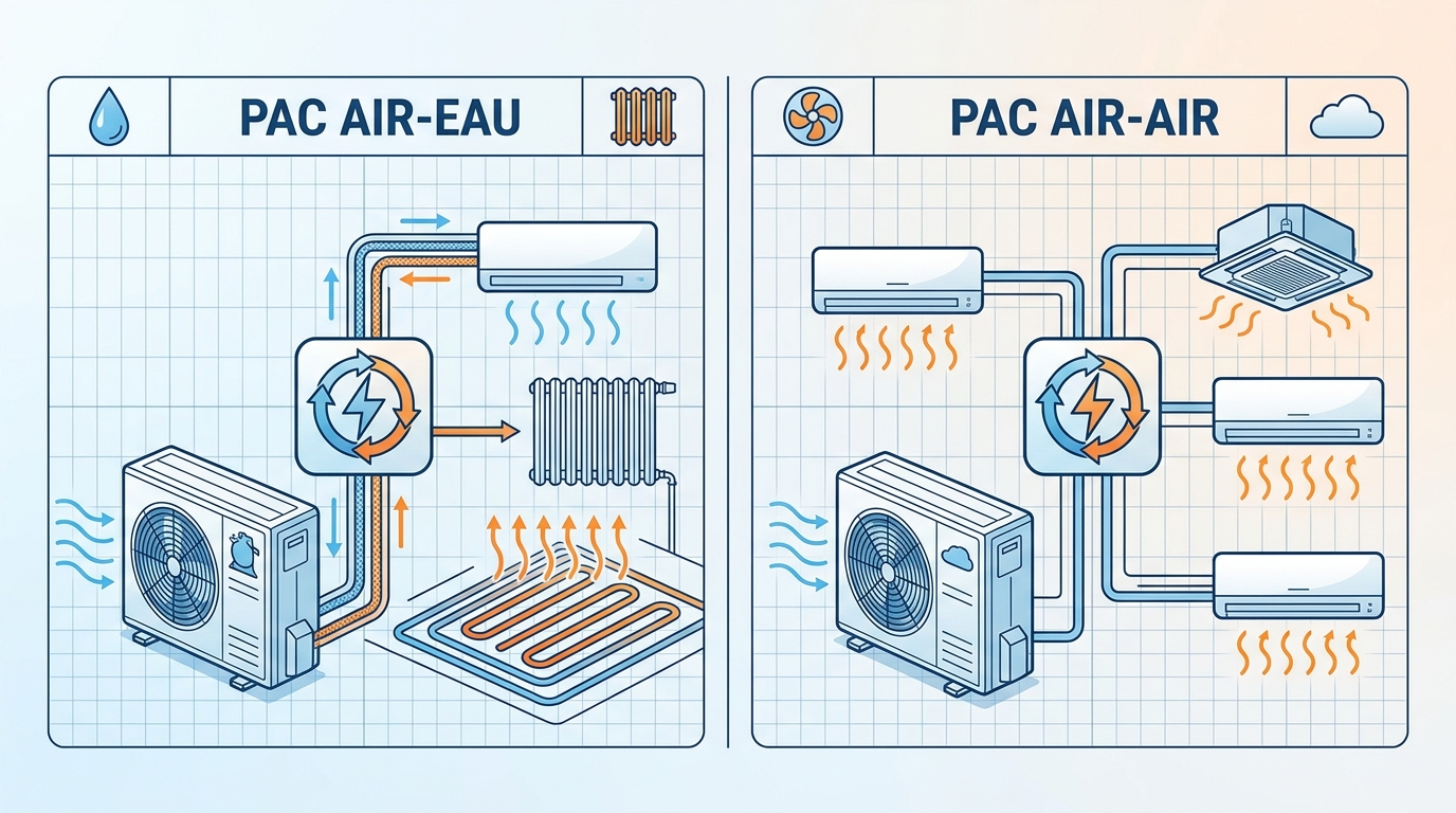 PAC air-eau vs air-air - Fonctionnement des pompes à chaleur aérothermiques : air-eau vs air-air
